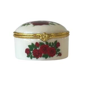 Porcelain Rose Hinged Trinket Box Gold Tone Rim Floral Lid Ring Jewelry Dish